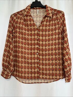 Lanidor Rust Orange Cream Geometric Button-Down illusion Blouse